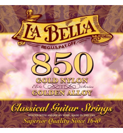 LA BELLA 850 Classic Guitar String Set, suitable for sensitive instruments. The upper strings are yellow nylon, the bass strings are bronze "gold" braided. La Bella USA