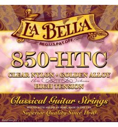 LA BELLA 850-HTC High Tension Set of strings for classic guitar. The upper strings are pure nylon, the bass strings are bronze "gold" braided. It differs from 850B-HT only by the chit nylon of the top strings. La Bella USA